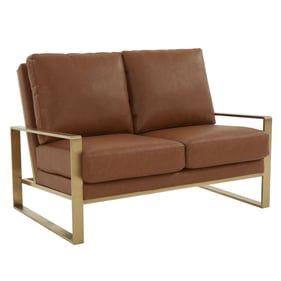 LeisureMod Jefferson Cognac Tan Leather Gold Frame Loveseat