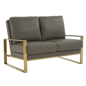 LeisureMod Jefferson Grey Leather Gold Frame Loveseat