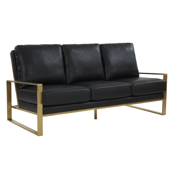 LeisureMod Jefferson Black Leather Gold Frame Sofa LSM-JAG77BL-L