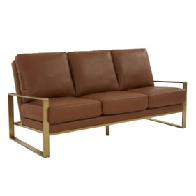 LeisureMod Jefferson Cognac Tan Leather Gold Frame Sofa