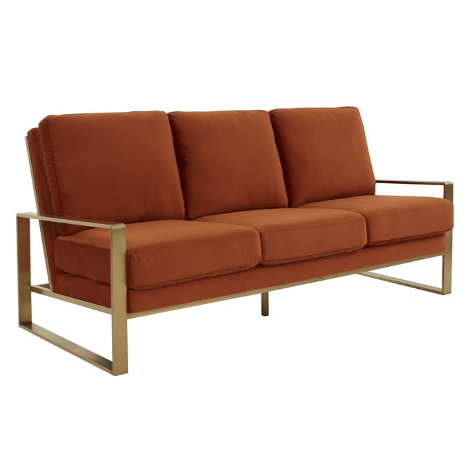 LeisureMod Jefferson Orange Velvet Gold Frame Sofa LSM-JAG77OR