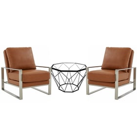 LeisureMod Jefferson Cognac Tan Silver Armchair and Octagon Coffee Table Se...