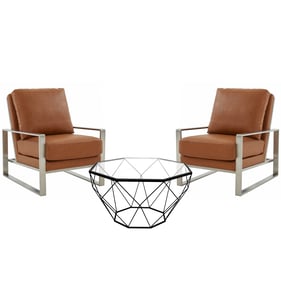 LeisureMod Jefferson Cognac Tan Silver Armchair and Large Octagon Coffee Ta...