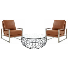 LeisureMod Jefferson Cognac Tan Silver Armchair and Round Coffee Table Set