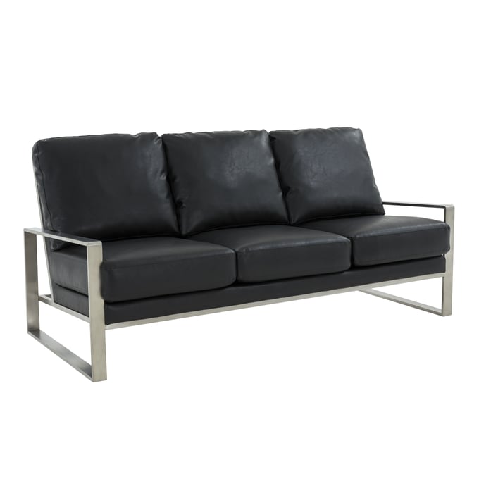 LeisureMod Jefferson Black Leather Silver Frame Sofa LSM-JAS77BL-L