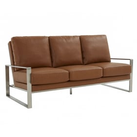 LeisureMod Jefferson Cognac Tan Leather Silver Frame Sofa