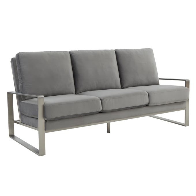 LeisureMod Jefferson Light Grey Velvet Silver Frame Sofa LSM-JAS77LGR