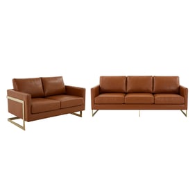 LeisureMod Lincoln Cognac Tan Leather 2pc Living Room Set