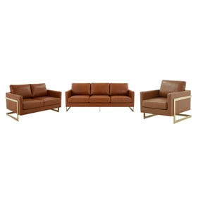 LeisureMod Lincoln Cognac Tan Leather 3pc Living Room Set