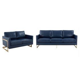 LeisureMod Lincoln Navy Blue Leather 2pc Living Room Set