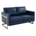 LeisureMod Lincoln Modern Mid-Century Upholstered Leather Loveseat with Gold Frame