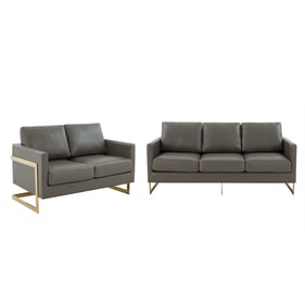 LeisureMod Lincoln Grey Leather 2pc Living Room Set