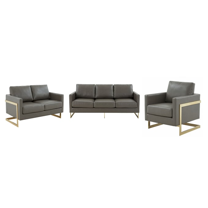 LeisureMod Lincoln Grey Leather 3pc Living Room Set LSM-LA83GR-L-LR-S1