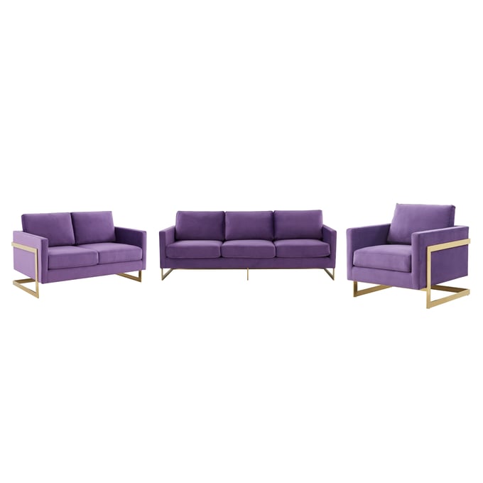 LeisureMod Lincoln Purple Velvet 3pc Living Room Set LSM-LA83PU-LR-S1