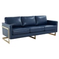 LeisureMod Lincoln Modern Mid-Century Upholstered Leather Sofa with Gold Frame