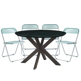 LeisureMod Lawrence Jade Green 5pc Round Dining Set with Geometic Base