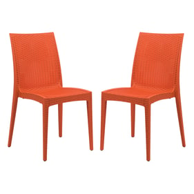 2 LeisureMod Weave Orange Mace Indoor Outdoor Armless Dining Chairs