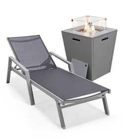 LeisureMod Marlin Black Grey Outdoor Patio Chaise Lounge with Arms and Fire...