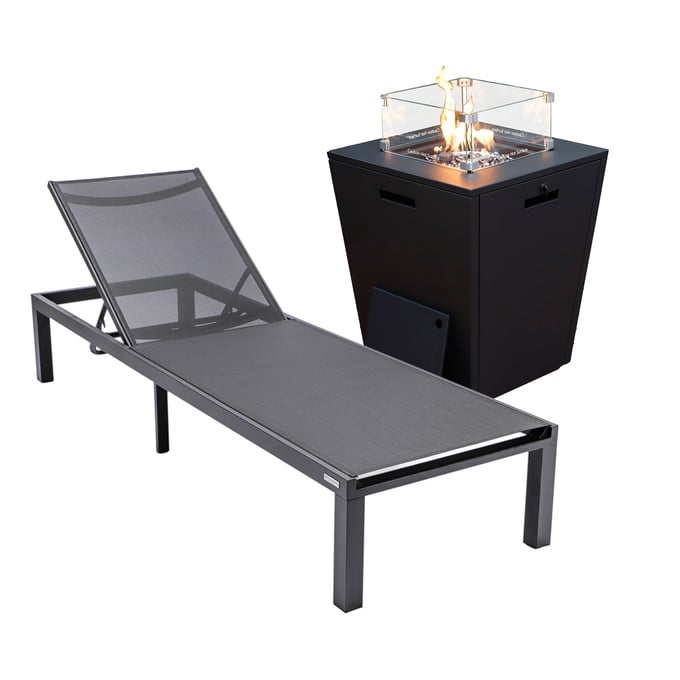 LeisureMod Marlin Black Outdoor Patio Chaise Lounge Chair with Square Fire Pit Side Table LSM-MLBLCF21-77BL