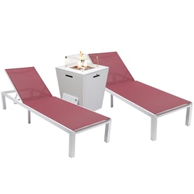 2 LeisureMod Marlin Burgundy White Outdoor Patio Chaise Lounge Chairs with ...