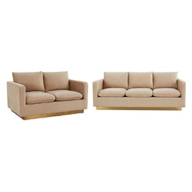 LeisureMod Nervo Beige Velvet 2pc Living Room Set with Gold Frame