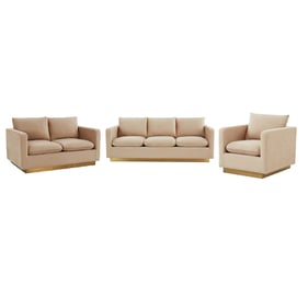 LeisureMod Nervo Beige Velvet 3pc Living Room Set with Gold Frame