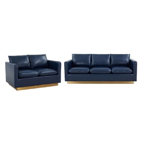 LeisureMod Nervo Navy Blue Leather 2pc Living Room Set with Gold Frame