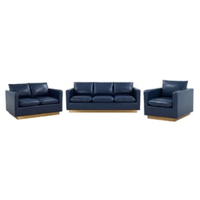 LeisureMod Nervo Navy Blue Leather 3pc Living Room Set with Gold Frame