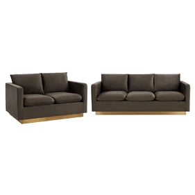 LeisureMod Nervo Dark Grey Velvet 2pc Living Room Set with Gold Frame