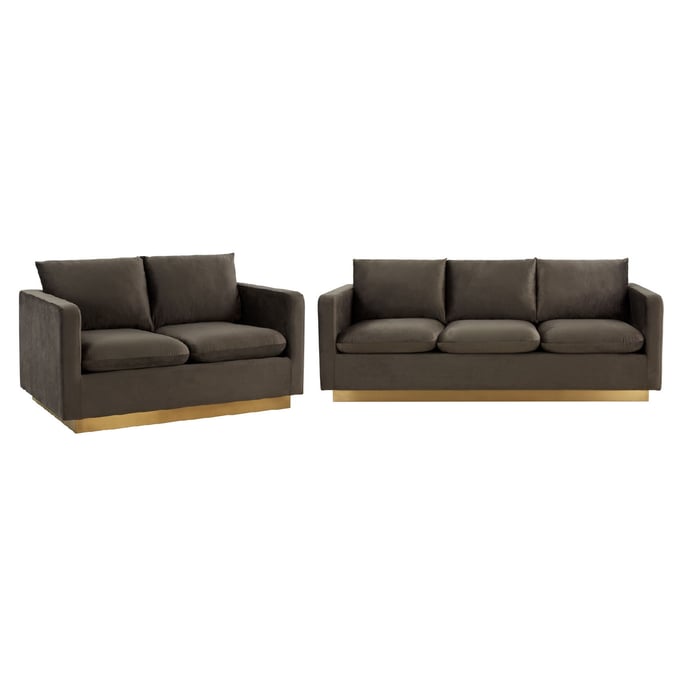 LeisureMod Nervo Dark Grey Velvet 2pc Living Room Set with Gold Frame LSM-NS-DGR-LR-S1