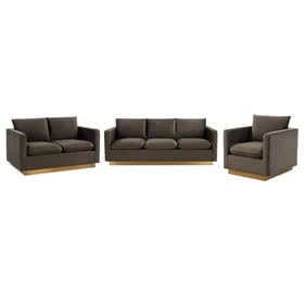 LeisureMod Nervo Dark Grey Velvet 3pc Living Room Set with Gold Frame