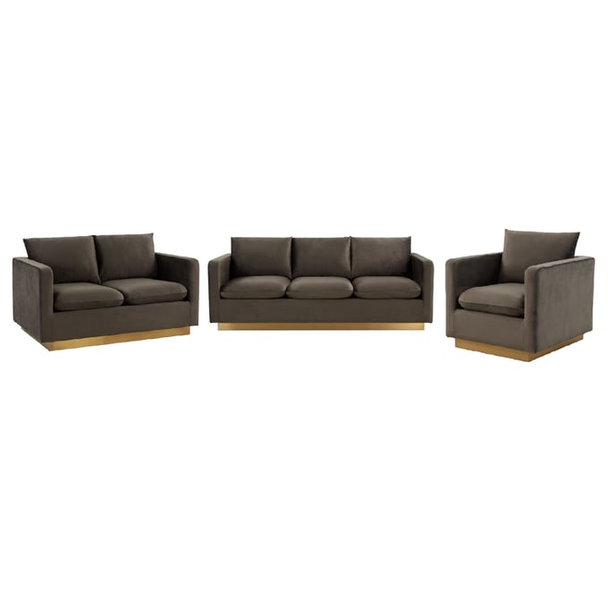 LeisureMod Nervo Dark Grey Velvet 3pc Living Room Set with Gold Frame LSM-NS-DGR-LR-S2