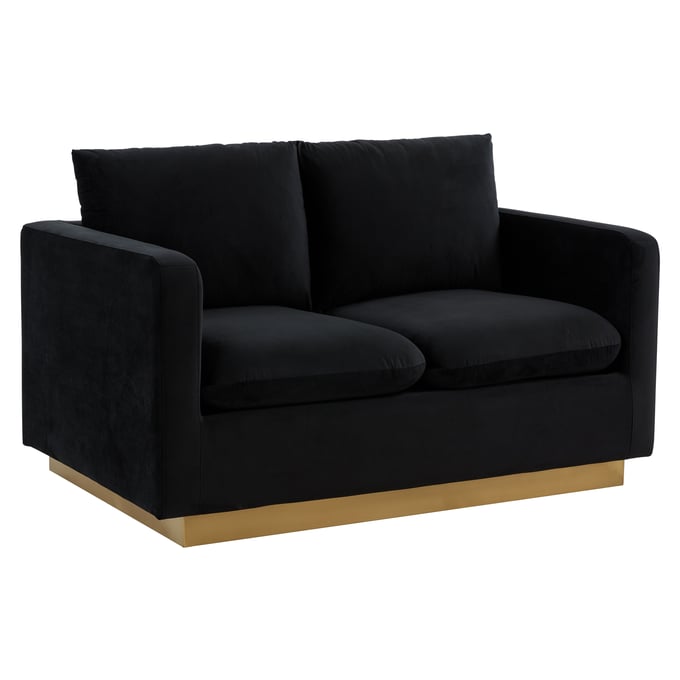 LeisureMod Nervo Midnight Black Velvet Loveseat with Gold Frame LSM-NS55BL