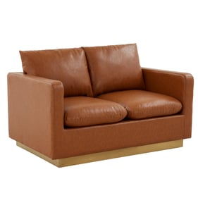 LeisureMod Nervo Cognac Tan Leather Loveseat with Gold Frame