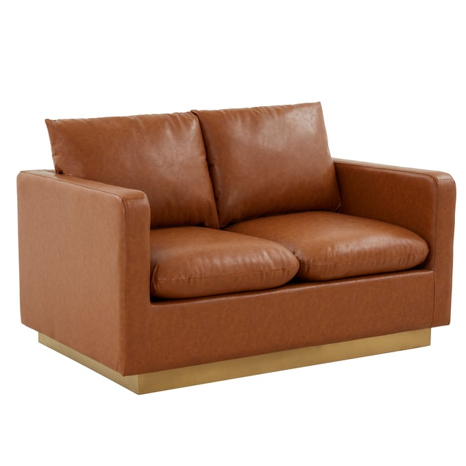 LeisureMod Nervo Cognac Tan Leather Loveseat with Gold Frame LSM-NS55BR-L