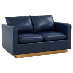 LeisureMod Nervo Navy Blue Leather Loveseat with Gold Frame