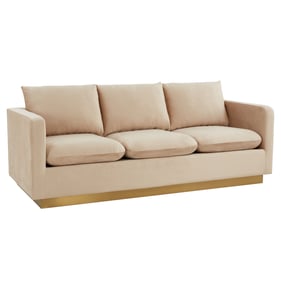 LeisureMod Nervo Beige Velvet Sofa with Gold Frame