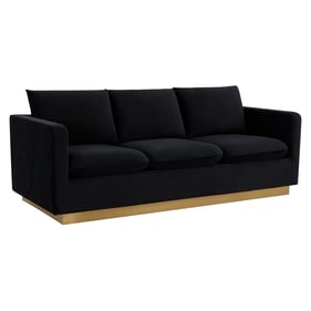 LeisureMod Nervo Midnight Black Velvet Sofa with Gold Frame