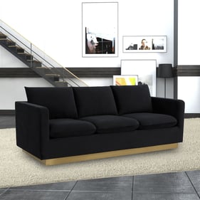 LeisureMod Nervo Midnight Black Velvet Sofa with Gold Frame