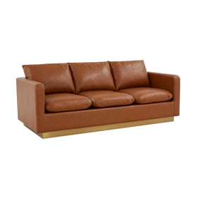 LeisureMod Nervo Cognac Tan Leather Sofa with Gold Frame