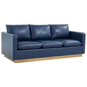 LeisureMod Nervo Navy Blue Leather Sofa with Gold Frame