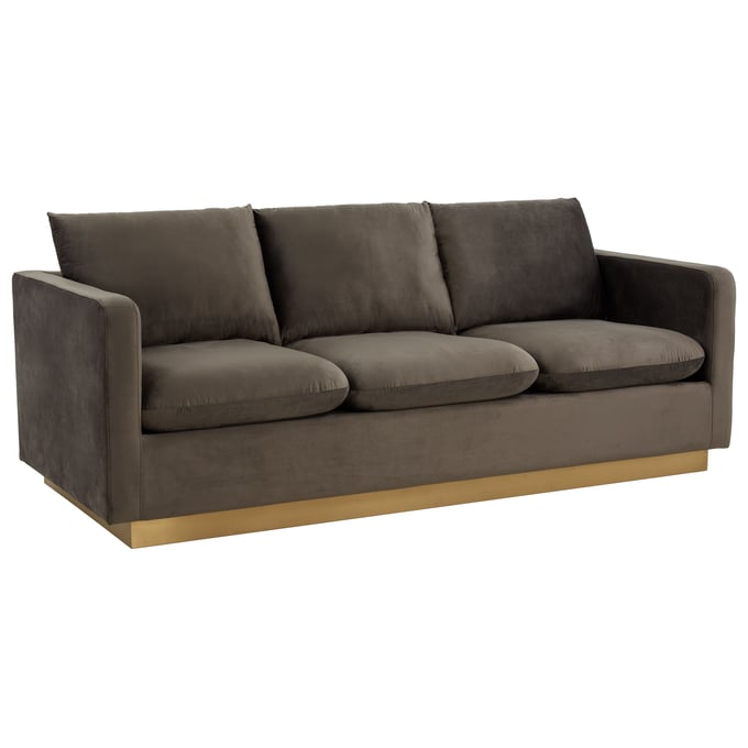 LeisureMod Nervo Dark Grey Velvet Sofa with Gold Frame LSM-NS83DGR