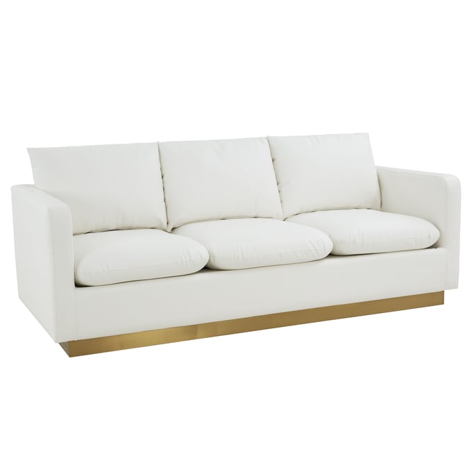 LeisureMod Nervo White Leather Sofa with Gold Frame LSM-NS83W-L