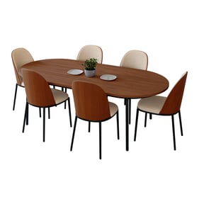 LeisureMod Tule Walnut Light Brown 7pc Dining Set with 71 Inch Dining Table