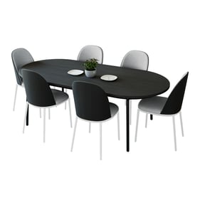 LeisureMod Tule White Black Platinum Blue 7pc Dining Set with 71 Inch Dinin...