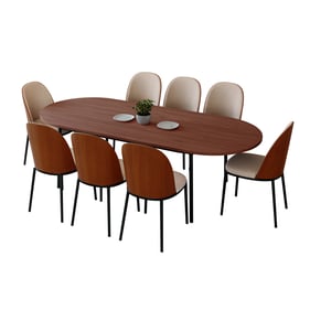 LeisureMod Tule Walnut Light Brown 9pc Dining Set with 83 Inch Dining Table