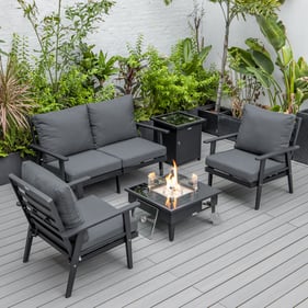 LeisureMod Walbrooke Charcoal Black Patio Conversation 4pc Seating Set Squa...