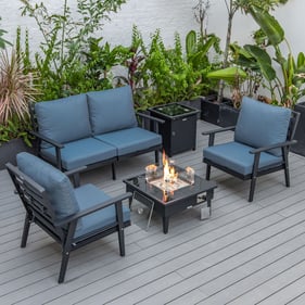 LeisureMod Walbrooke Navy Blue Black Patio Conversation 4pc Seating Set Squ...