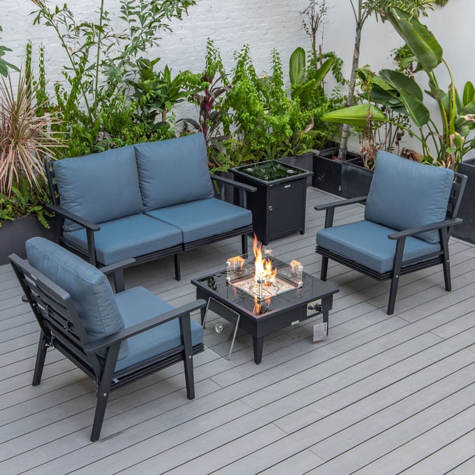 LeisureMod Walbrooke Navy Blue Black Patio Conversation 4pc Seating Set Square Fire Pit and Tank Holder LSM-WBL-27-20-57-31-NBU