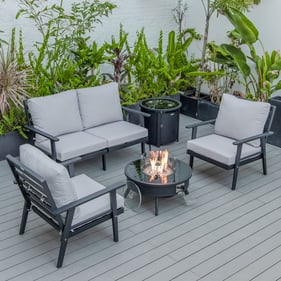 LeisureMod Walbrooke Light Grey Black Patio Conversation 4pc Seating Set Ro...